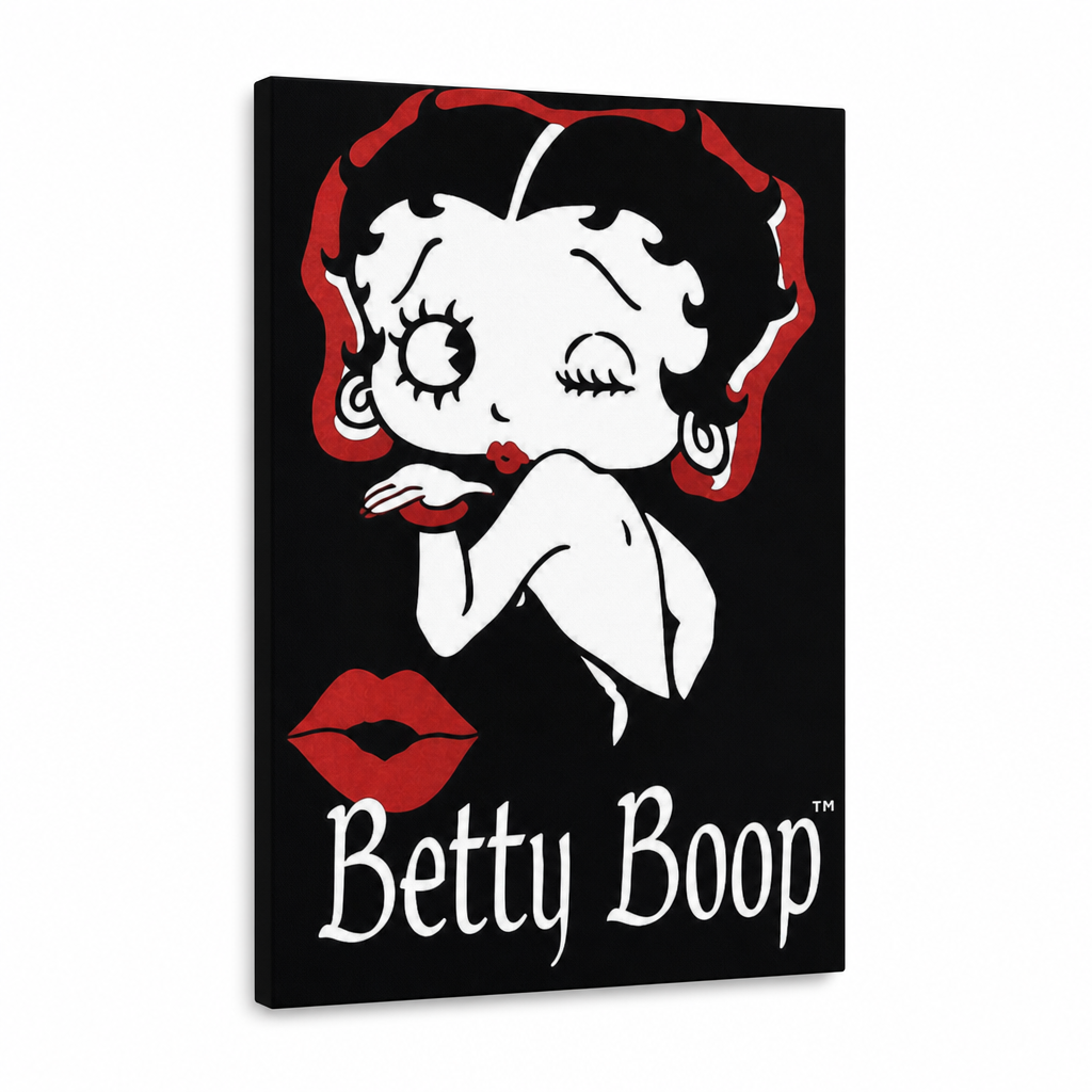 Ručno oslikana POP Art slika Betty Boop 1 komad bb – 3D vizualizacija ručno oslikanog platna na bijeloj pozadini. Dominantne boje: crna, crvena, bijela.