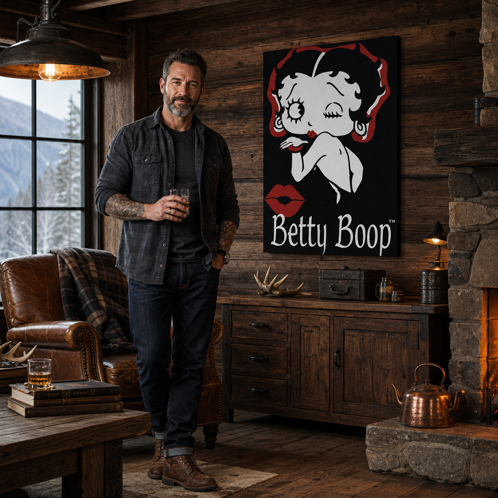 Ručno oslikana POP Art slika Betty Boop 1 komad bb – slika u modernom muškom enterijeru, lifestyle vizualizacija. Dominantne boje: crna, crvena, bijela.