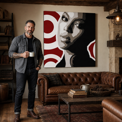 Ručno oslikana POP Art slika BEYONCÉ 1 komad bey3 – slika u modernom muškom enterijeru, lifestyle vizualizacija. Dominantne boje: crna, crvena, smeđa, bijela, siva.