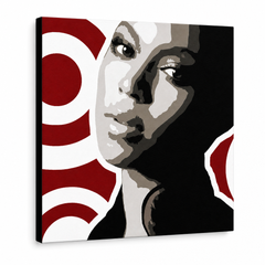 Ručno oslikana POP Art slika BEYONCÉ 1 komad bey3 – 3D vizualizacija ručno oslikanog platna na bijeloj pozadini. Dominantne boje: crna, crvena, smeđa, bijela, siva.
