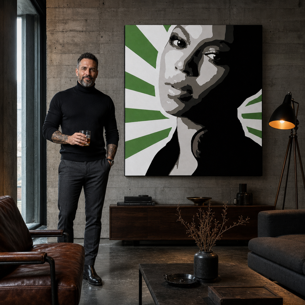 Ručno oslikana POP Art slika BEYONCÉ 1 komad bey4 – slika u modernom muškom enterijeru, lifestyle vizualizacija. Dominantne boje: zelena, crna, siva, bijela, roza.