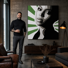 Ručno oslikana POP Art slika BEYONCÉ 1 komad bey4 – slika u modernom muškom enterijeru, lifestyle vizualizacija. Dominantne boje: zelena, crna, siva, bijela, roza.