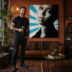 Ručno oslikana POP Art slika BEYONCÉ 1 komad bey5 – slika u modernom muškom enterijeru, lifestyle vizualizacija. Dominantne boje: crna, plava, bijela, siva, smeđa.