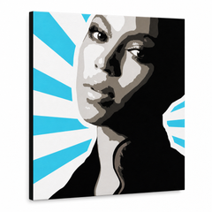 Ručno oslikana POP Art slika BEYONCÉ 1 komad bey5 – 3D vizualizacija ručno oslikanog platna na bijeloj pozadini. Dominantne boje: crna, plava, bijela, siva, smeđa.