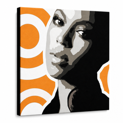 Ručno oslikana POP Art slika BEYONCÉ 1 komad bey6 – 3D vizualizacija ručno oslikanog platna na bijeloj pozadini. Dominantne boje: crna, narandžasta, bijela, siva.