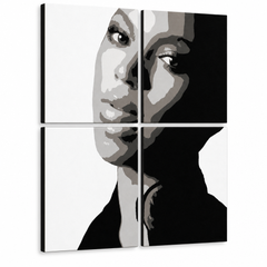 Ručno oslikana POP Art slika BEYONCÉ od 4 dijela – 3D vizualizacija ručno oslikanog platna na bijeloj pozadini. Dominantne boje: crna, bijela, siva.