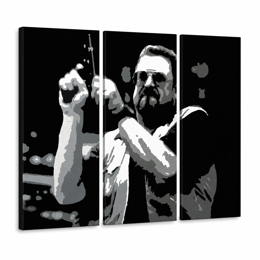 Ručno oslikana POP Art slika Big Lebowski 3 dijela bl – 3D vizualizacija ručno oslikanog platna na bijeloj pozadini. Dominantne boje: crna, bijela, siva.