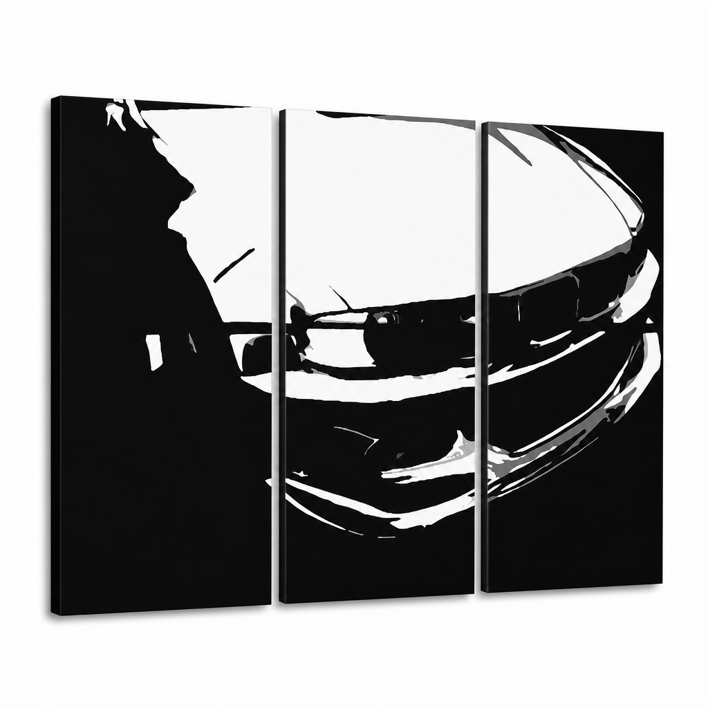 Ručno oslikana POP Art slika BMW-a M3 bmw od 3 dijela – 3D vizualizacija ručno oslikanog platna na bijeloj pozadini. Dominantne boje: crna, bijela.