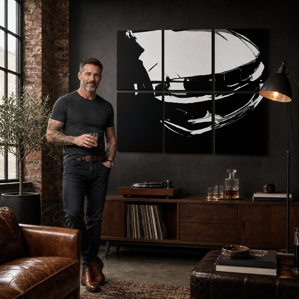 Ručno oslikana POP Art slika BMW-a M3 bmw od 3 dijela – slika u modernom muškom enterijeru, lifestyle vizualizacija. Dominantne boje: crna, bijela.