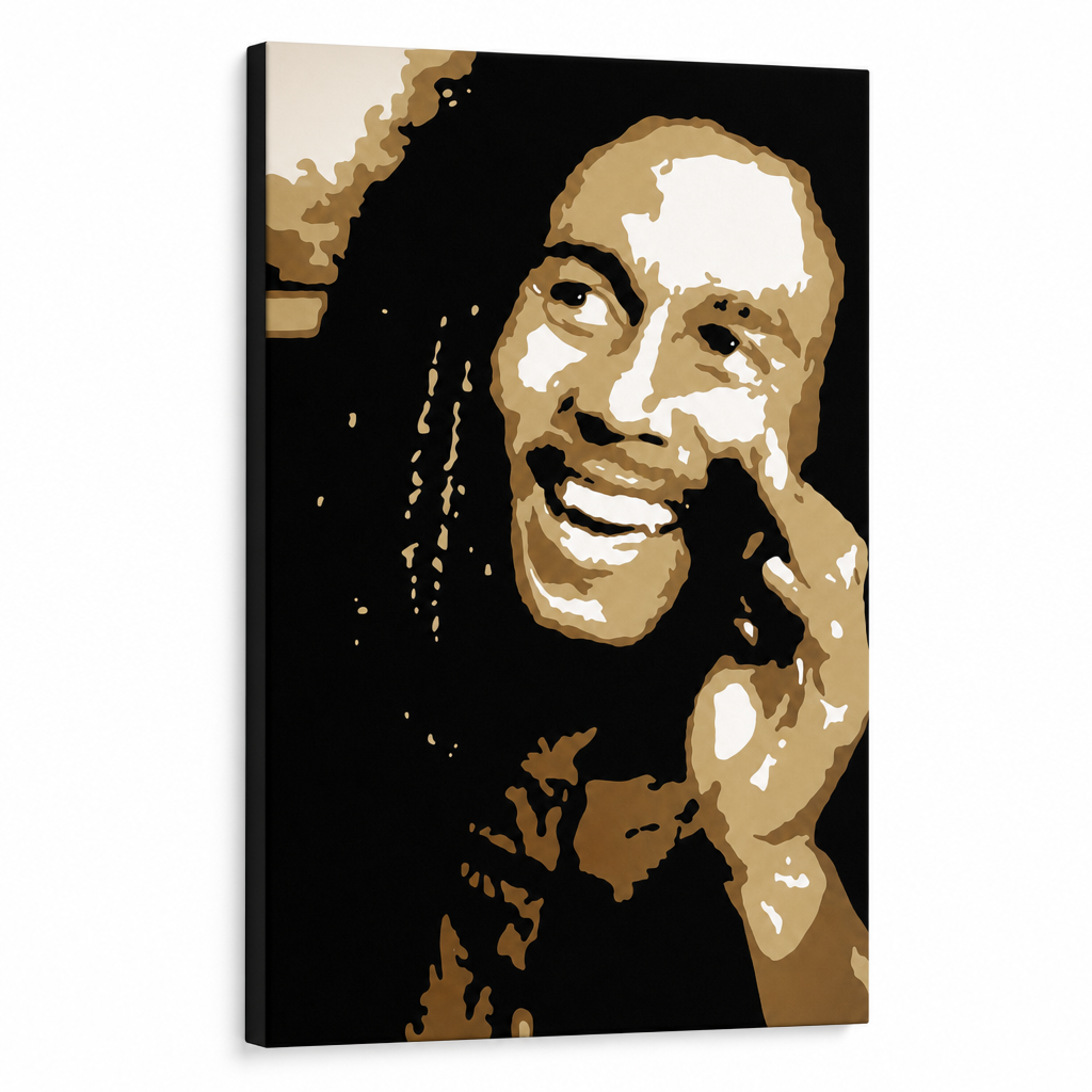 Ručno oslikana POP Art slika Bob Marley 1 dio bm – 3D vizualizacija ručno oslikanog platna na bijeloj pozadini. Dominantne boje: crna, smeđa, bijela, zlatna.