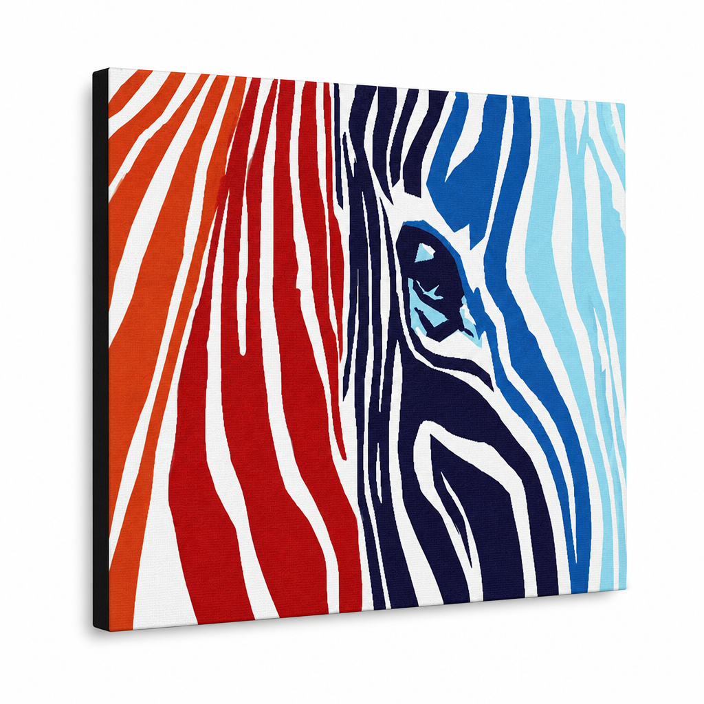 Ručno oslikana POP Art slika BOJE 1 komad zebra – 3D vizualizacija ručno oslikanog platna na bijeloj pozadini. Dominantne boje: crvena, oranzová, plava, bijela, crna.