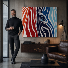 Ručno oslikana POP Art slika BOJE 1 komad zebra – slika u modernom muškom enterijeru, lifestyle vizualizacija. Dominantne boje: crvena, oranzová, plava, bijela, crna.