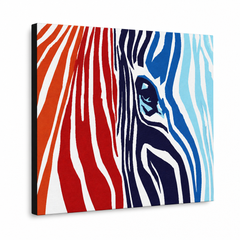 Ručno oslikana POP Art slika BOJE 1 komad zebra – 3D vizualizacija ručno oslikanog platna na bijeloj pozadini. Dominantne boje: crvena, oranzová, plava, bijela, crna.