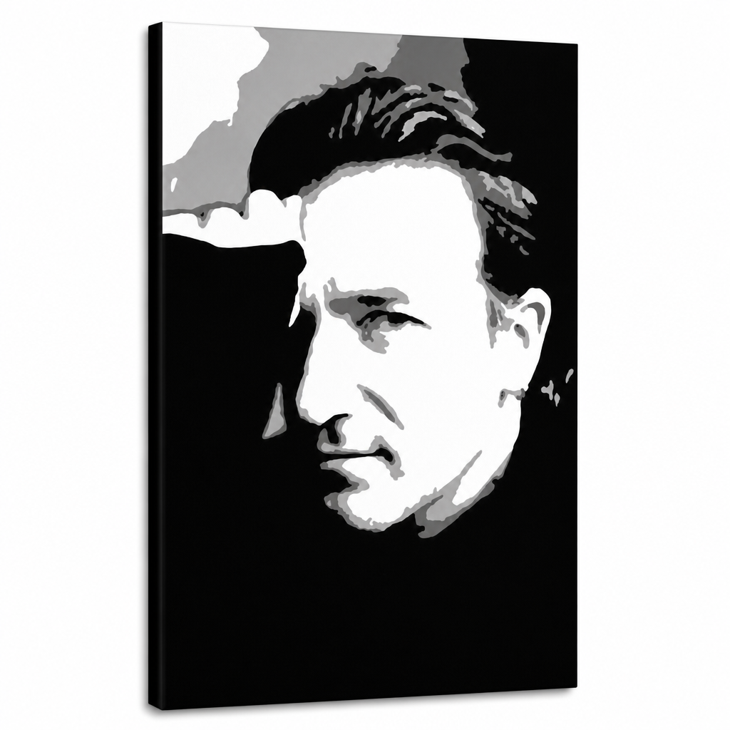 Ručno oslikana POP Art slika Bono-U2 1 komad bono – 3D vizualizacija ručno oslikanog platna na bijeloj pozadini. Dominantne boje: crna, bijela, siva.
