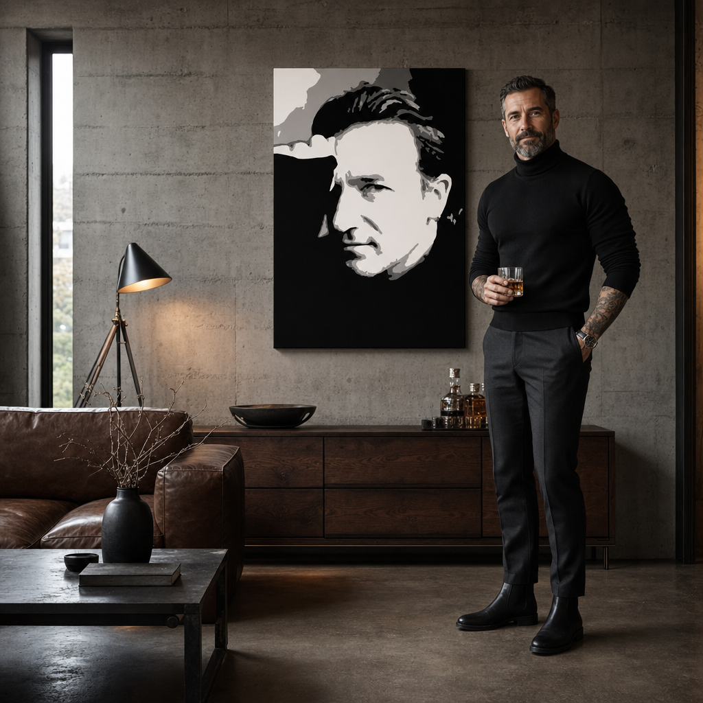 Ručno oslikana POP Art slika Bono-U2 1 komad bono – slika u modernom muškom enterijeru, lifestyle vizualizacija. Dominantne boje: crna, bijela, siva.