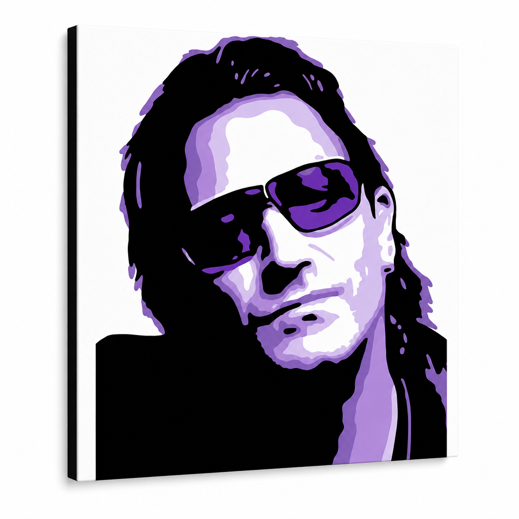 Ručno oslikana POP Art slika Bono-U2 1 komad bono3 – 3D vizualizacija ručno oslikanog platna na bijeloj pozadini. Dominantne boje: crna, ljubičasta, bijela.