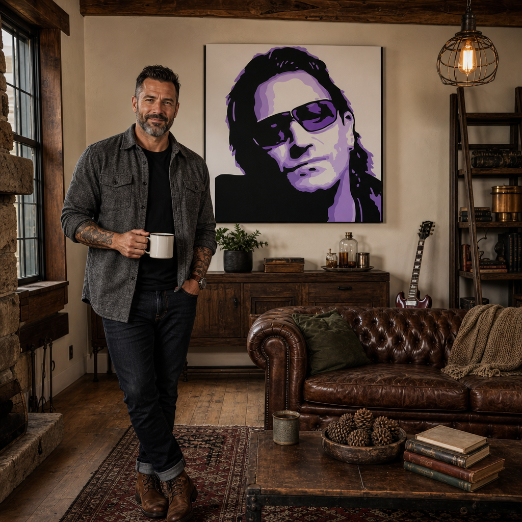 Ručno oslikana POP Art slika Bono-U2 1 komad bono3 – slika u modernom muškom enterijeru, lifestyle vizualizacija. Dominantne boje: crna, ljubičasta, bijela.