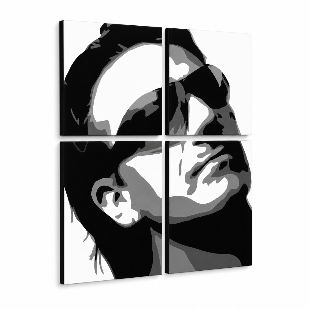Ručno oslikana POP Art slika Bono-U2 od 4 dijela bono2 – 3D vizualizacija ručno oslikanog platna na bijeloj pozadini. Dominantne boje: crna, bijela, siva.