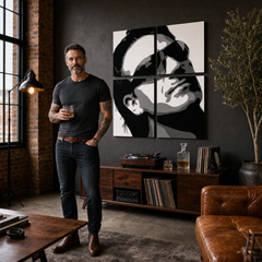 Ručno oslikana POP Art slika Bono-U2 od 4 dijela bono2 – slika u modernom muškom enterijeru, lifestyle vizualizacija. Dominantne boje: crna, bijela, siva.