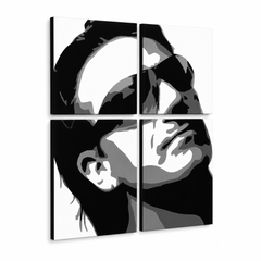 Ručno oslikana POP Art slika Bono-U2 od 4 dijela bono2 – 3D vizualizacija ručno oslikanog platna na bijeloj pozadini. Dominantne boje: crna, bijela, siva.