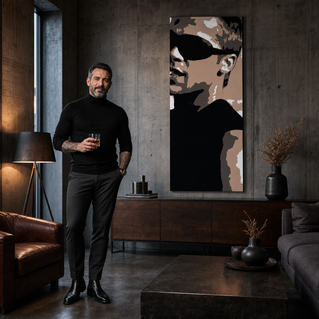 Ručno oslikana POP Art slika Brad Pitt 1 komad bp – slika u modernom muškom enterijeru, lifestyle vizualizacija. Dominantne boje: crna, smeđa, bijela.