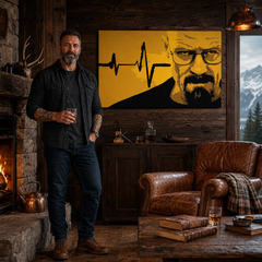 Ručno oslikana POP Art slika BREAKING BAD 1 komad brb2 – slika u modernom muškom enterijeru, lifestyle vizualizacija. Dominantne boje: žuta, crna, smeđa.