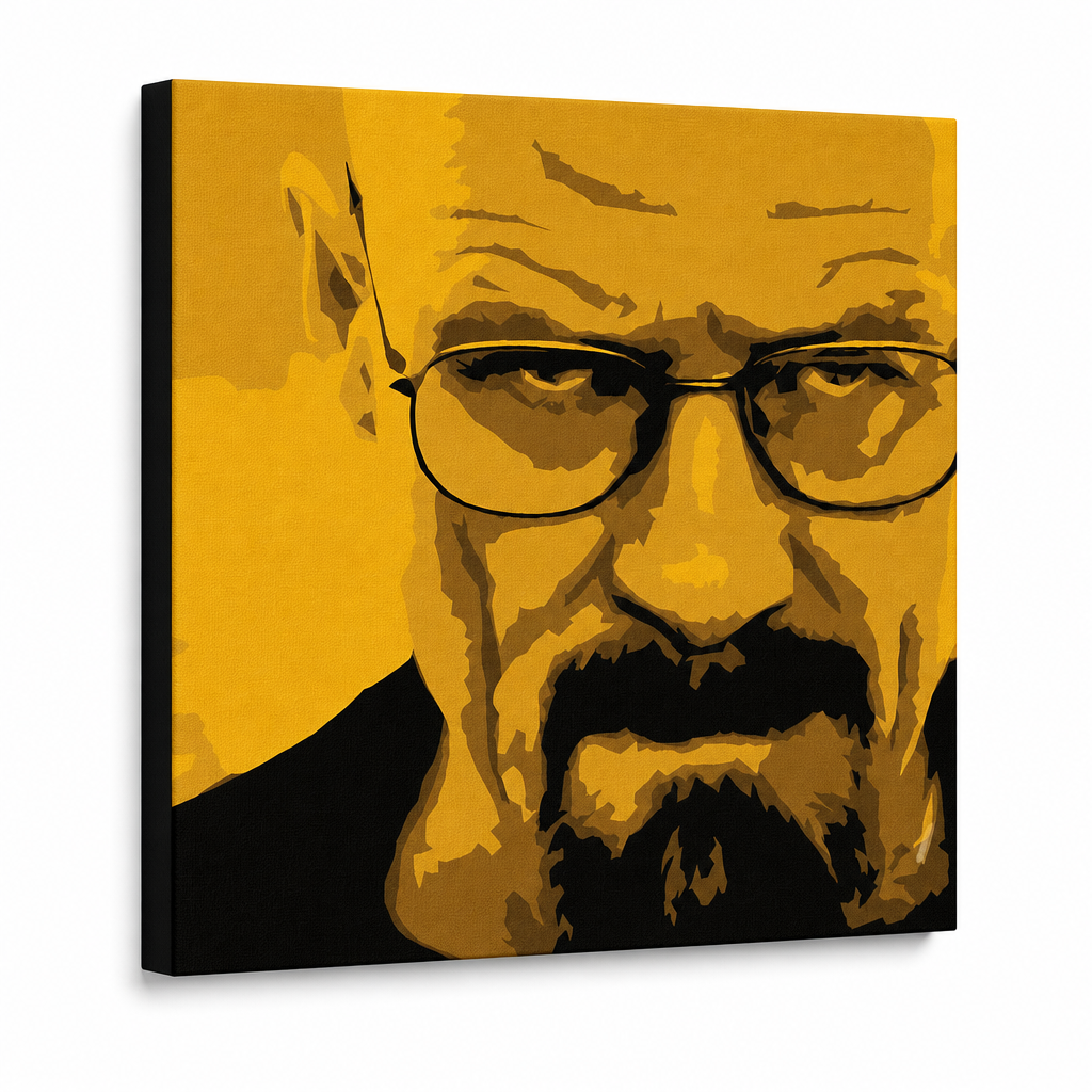 Ručno oslikana POP Art slika Breaking Bad, 4 dijela, brb – 3D vizualizacija ručno oslikanog platna na bijeloj pozadini. Dominantne boje: žuta, crna, smeđa.