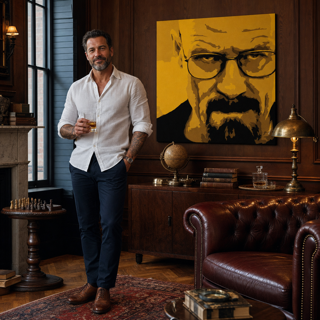 Ručno oslikana POP Art slika Breaking Bad, 4 dijela, brb – slika u modernom muškom enterijeru, lifestyle vizualizacija. Dominantne boje: žuta, crna, smeđa.