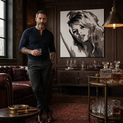 Ručno oslikana POP Art slika Brigitte Bardot, 1 komad, šipka – slika u modernom muškom enterijeru, lifestyle vizualizacija. Dominantne boje: crna, smeđa, bež.