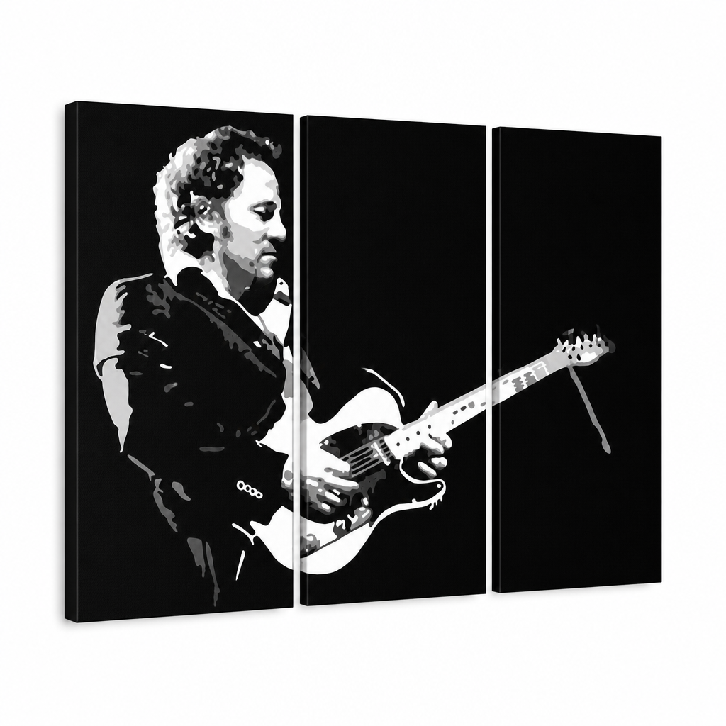 Ručno oslikana POP Art slika Bruce Springsteen 3 dijela bs – 3D vizualizacija ručno oslikanog platna na bijeloj pozadini. Dominantne boje: crna, bijela, siva.