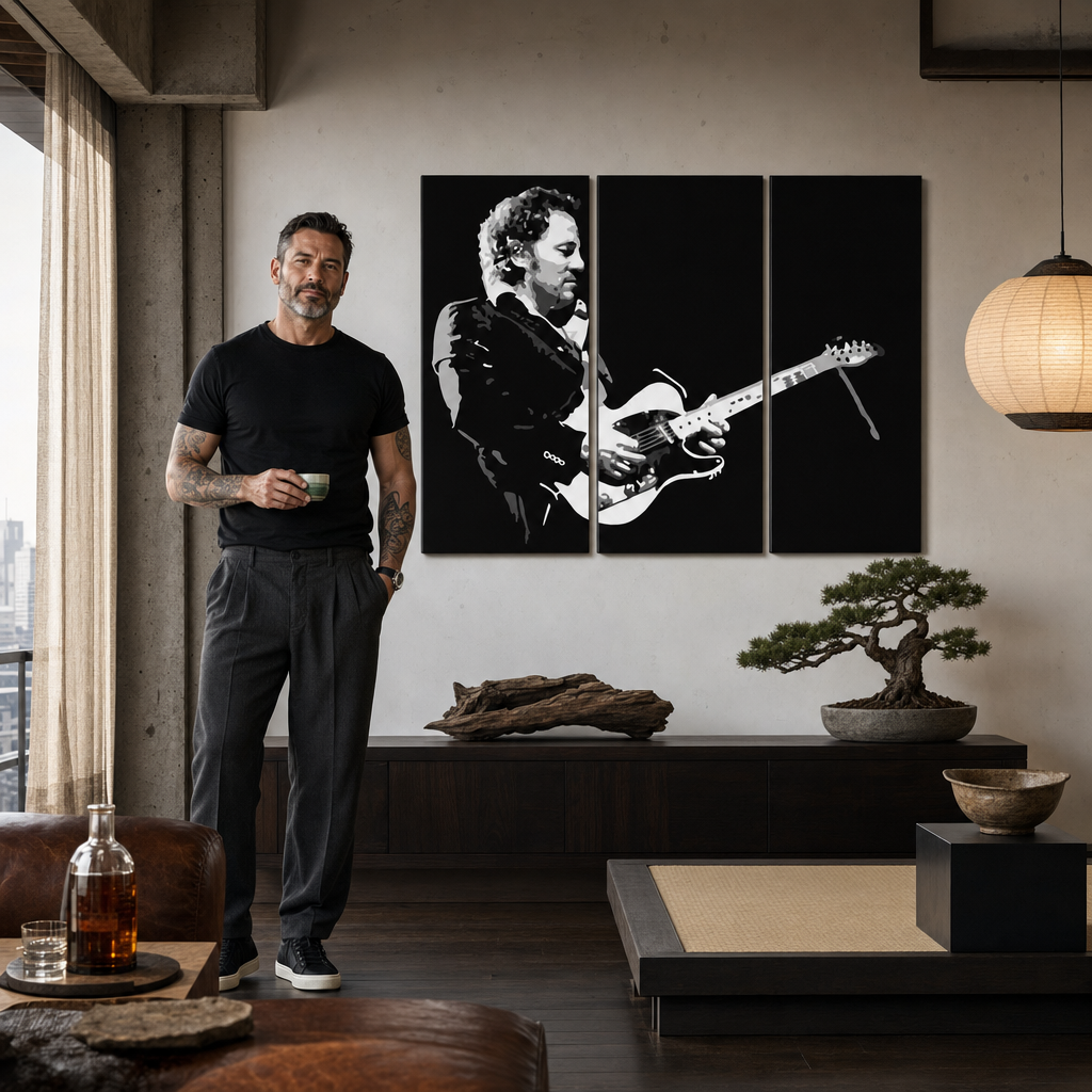 Ručno oslikana POP Art slika Bruce Springsteen 3 dijela bs – slika u modernom muškom enterijeru, lifestyle vizualizacija. Dominantne boje: crna, bijela, siva.