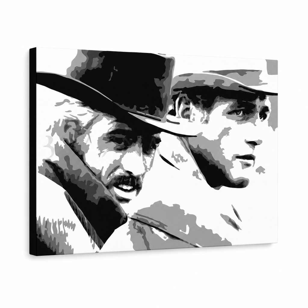 Ručno oslikana POP Art slika Butch Cassidy 1 komad bc – 3D vizualizacija ručno oslikanog platna na bijeloj pozadini. Dominantne boje: crna, bijela, siva.