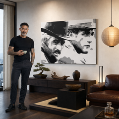 Ručno oslikana POP Art slika Butch Cassidy 1 komad bc – slika u modernom muškom enterijeru, lifestyle vizualizacija. Dominantne boje: crna, bijela, siva.