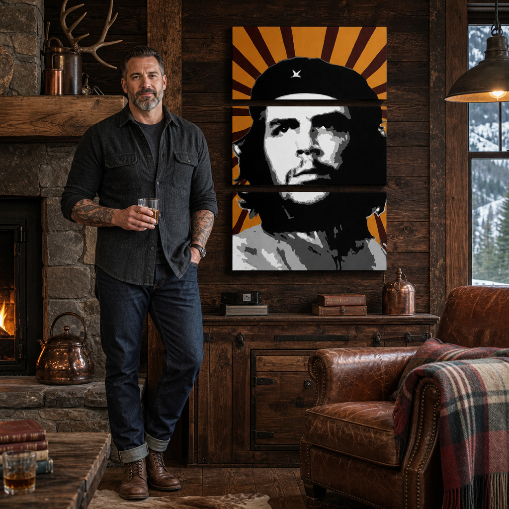 Ručno oslikana POP Art slika Che Guevara od 3 dijela – slika u modernom muškom enterijeru, lifestyle vizualizacija. Dominantne boje: žuta, crna, bijela, siva, narandžasta.