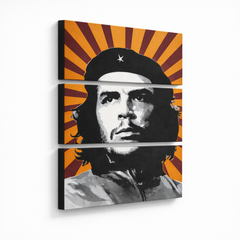 Ručno oslikana POP Art slika Che Guevara od 3 dijela – 3D vizualizacija ručno oslikanog platna na bijeloj pozadini. Dominantne boje: žuta, crna, bijela, siva, narandžasta.