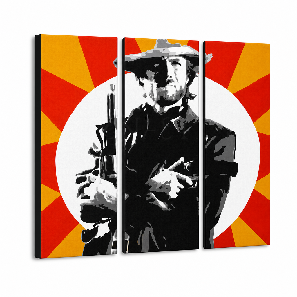 Ručno oslikana POP Art slika Clinta Eastwooda, 3 dijela, ce2 – 3D vizualizacija ručno oslikanog platna na bijeloj pozadini. Dominantne boje: crna, žuta, crvena, bijela.
