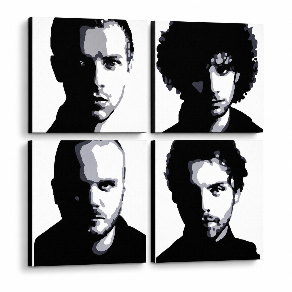 Ručno oslikana POP Art slika Coldplay 4-dijelni cp – 3D vizualizacija ručno oslikanog platna na bijeloj pozadini. Dominantne boje: crna, bijela, siva.