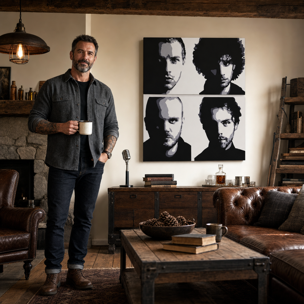 Ručno oslikana POP Art slika Coldplay 4-dijelni cp – slika u modernom muškom enterijeru, lifestyle vizualizacija. Dominantne boje: crna, bijela, siva.