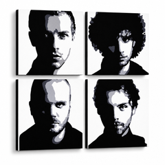Ručno oslikana POP Art slika Coldplay 4-dijelni cp – 3D vizualizacija ručno oslikanog platna na bijeloj pozadini. Dominantne boje: crna, bijela, siva.