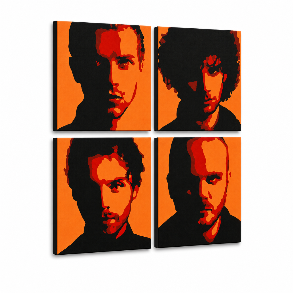 Ručno oslikana POP Art slika Coldplay 4 komada cp2 – 3D vizualizacija ručno oslikanog platna na bijeloj pozadini. Dominantne boje: crna, narandžasta, crvena.