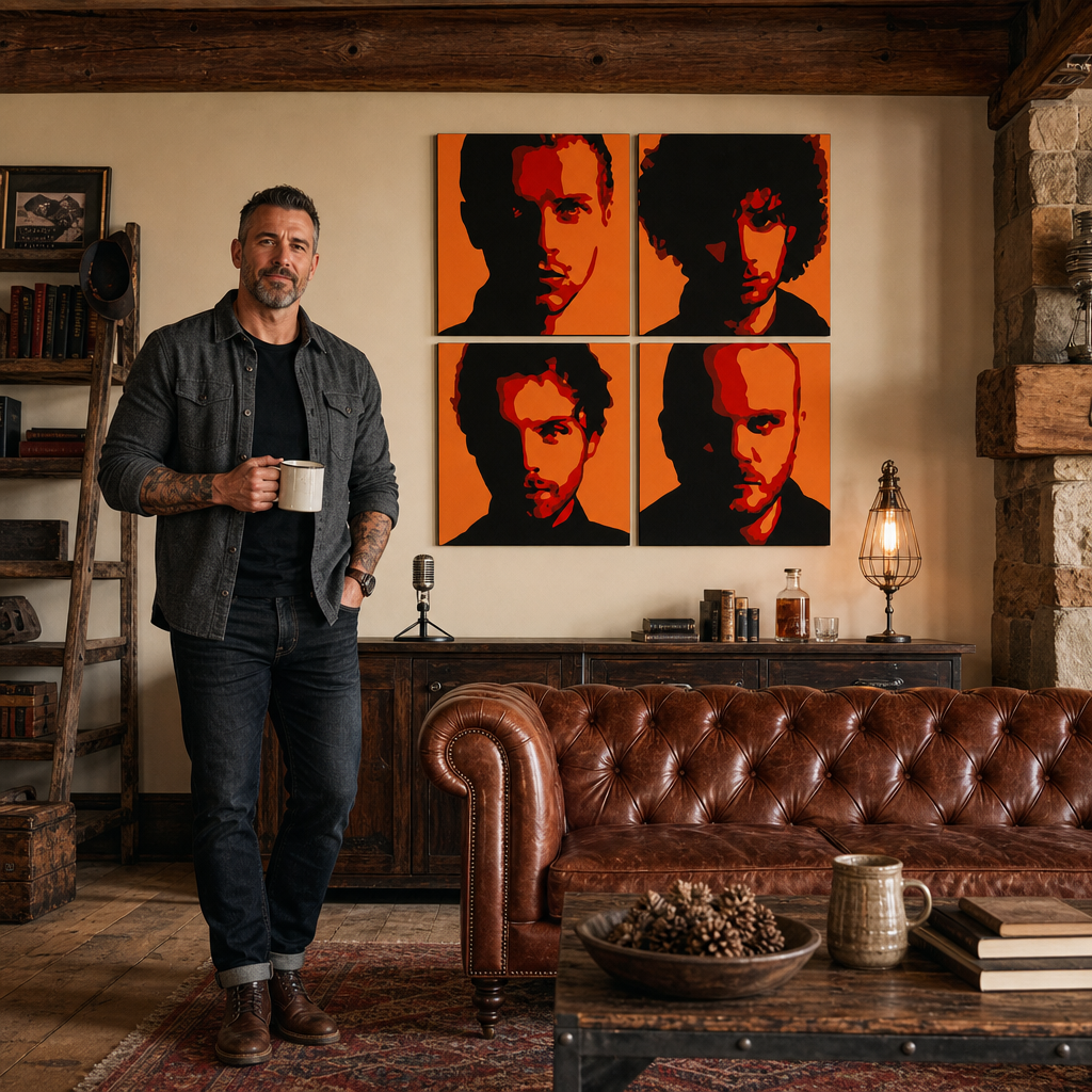 Ručno oslikana POP Art slika Coldplay 4 komada cp2 – slika u modernom muškom enterijeru, lifestyle vizualizacija. Dominantne boje: crna, narandžasta, crvena.