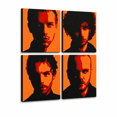 Ručno oslikana POP Art slika Coldplay 4 komada cp2 – 3D vizualizacija ručno oslikanog platna na bijeloj pozadini. Dominantne boje: crna, narandžasta, crvena.