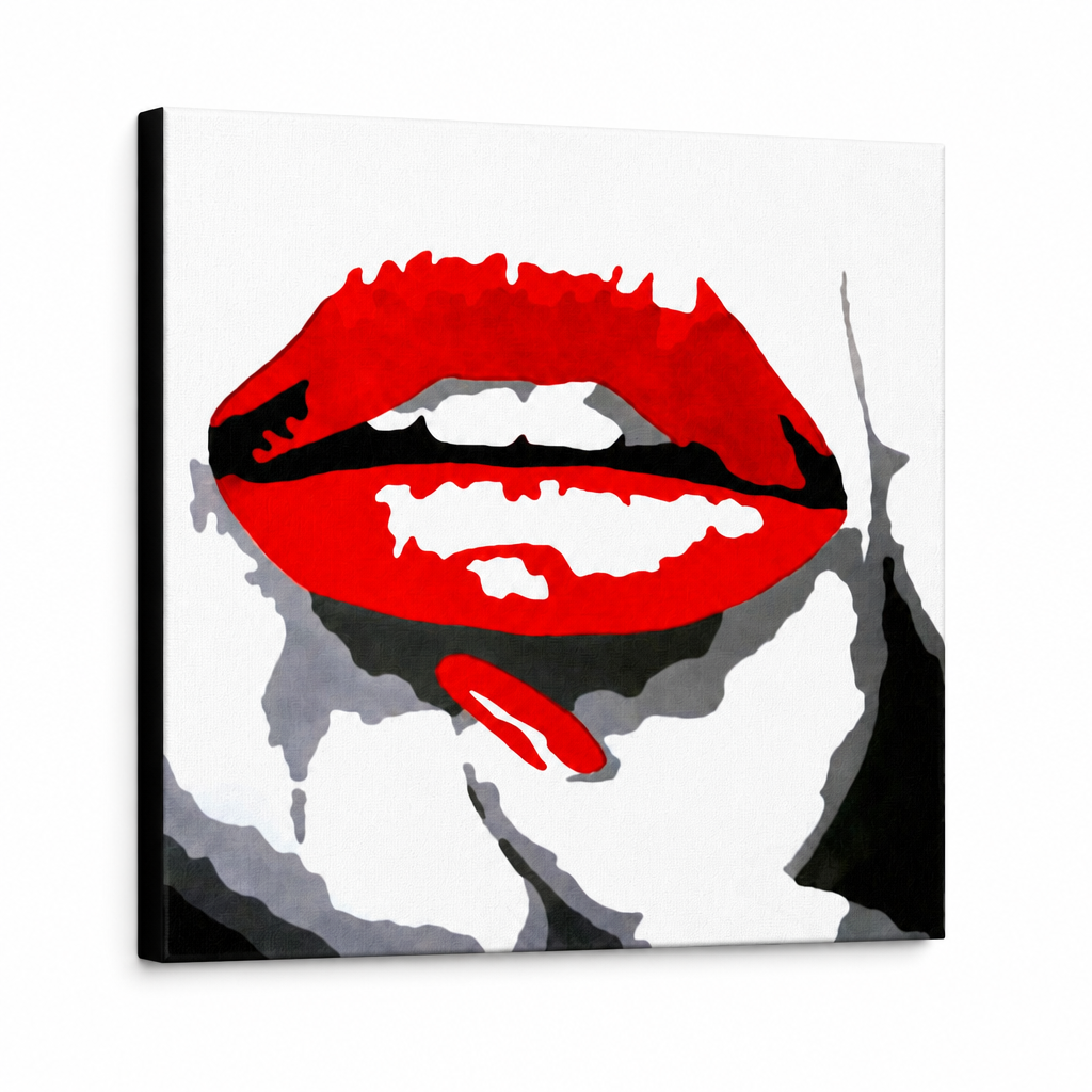 Ručno oslikana POP Art slika CRVENE USNE 1 komad mund – 3D vizualizacija ručno oslikanog platna na bijeloj pozadini. Dominantne boje: crvena, crna, bijela.