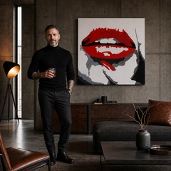 Ručno oslikana POP Art slika CRVENE USNE 1 komad mund – slika u modernom muškom enterijeru, lifestyle vizualizacija. Dominantne boje: crvena, crna, bijela.