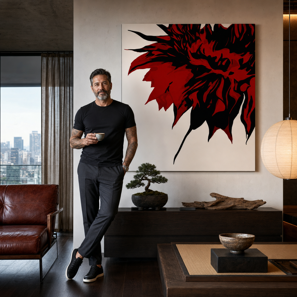 Ručno oslikana POP Art slika CVIJET u 3 dijela – slika u modernom muškom enterijeru, lifestyle vizualizacija. Dominantne boje: crna, crvena, narandžasta.