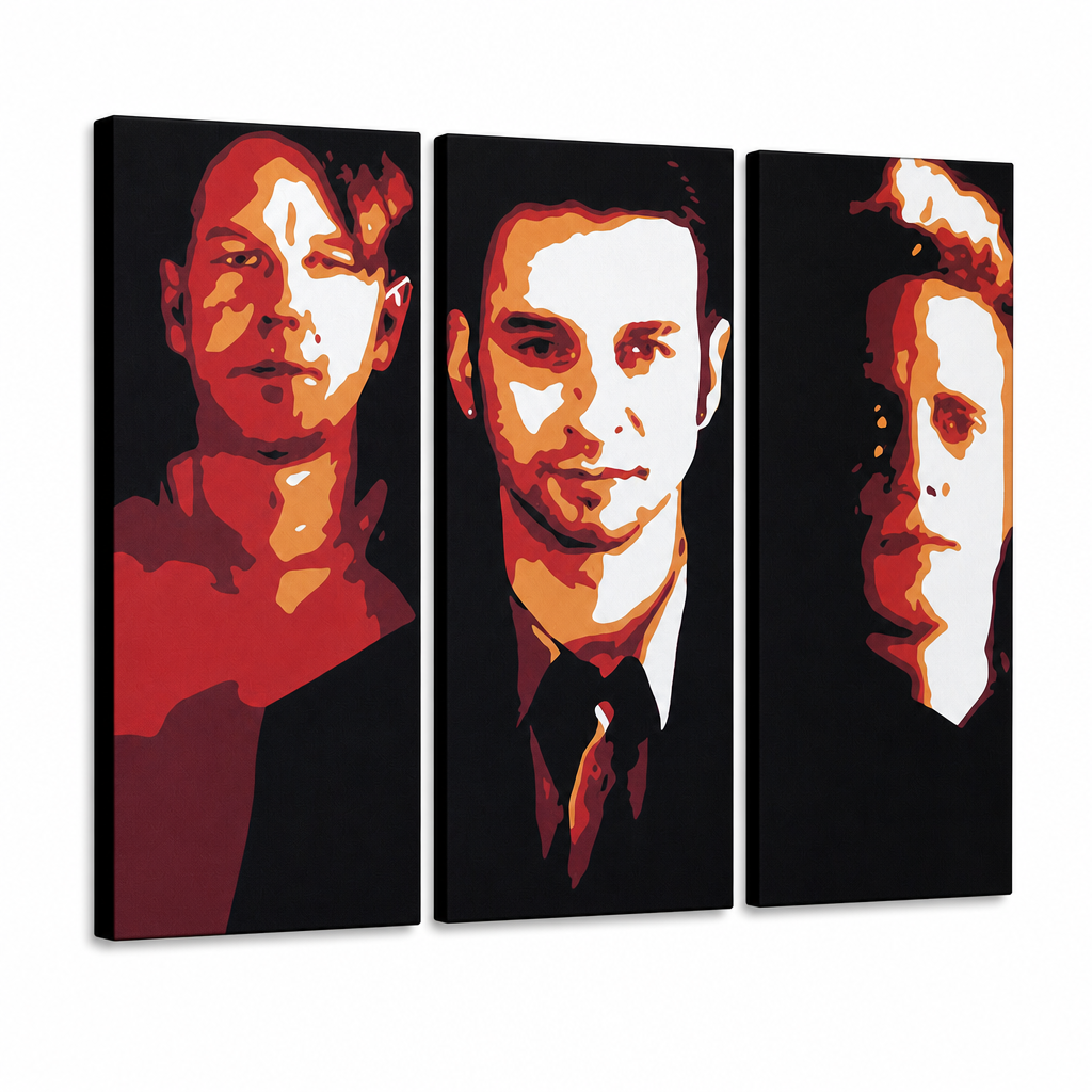 Ručno oslikana POP Art slika Depeche Mode 3 dijela dep2 – 3D vizualizacija ručno oslikanog platna na bijeloj pozadini. Dominantne boje: crna, crvena, oranzová, bijela.