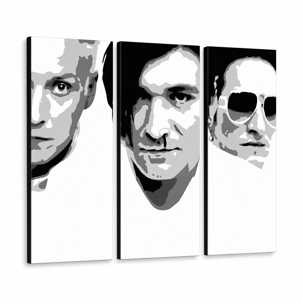Ručno oslikana POP Art slika Die Ärzte 3-dijelna da2 – 3D vizualizacija ručno oslikanog platna na bijeloj pozadini. Dominantne boje: crna, bijela, siva.