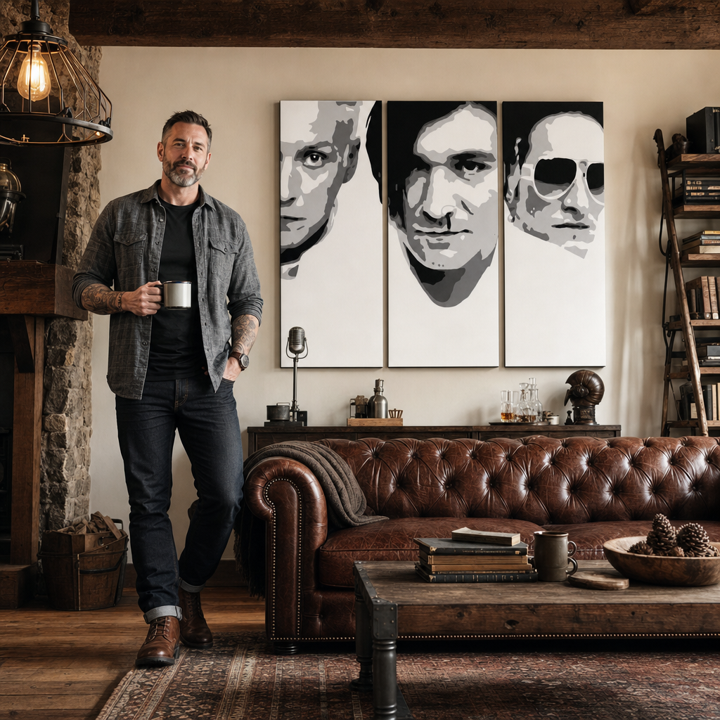 Ručno oslikana POP Art slika Die Ärzte 3-dijelna da2 – slika u modernom muškom enterijeru, lifestyle vizualizacija. Dominantne boje: crna, bijela, siva.