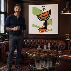 Ručno oslikana POP Art slika DINJA 1 komad dinje – slika u modernom muškom enterijeru, lifestyle vizualizacija. Dominantne boje: narandžasta, zelena, crna, bijela, smeđa.