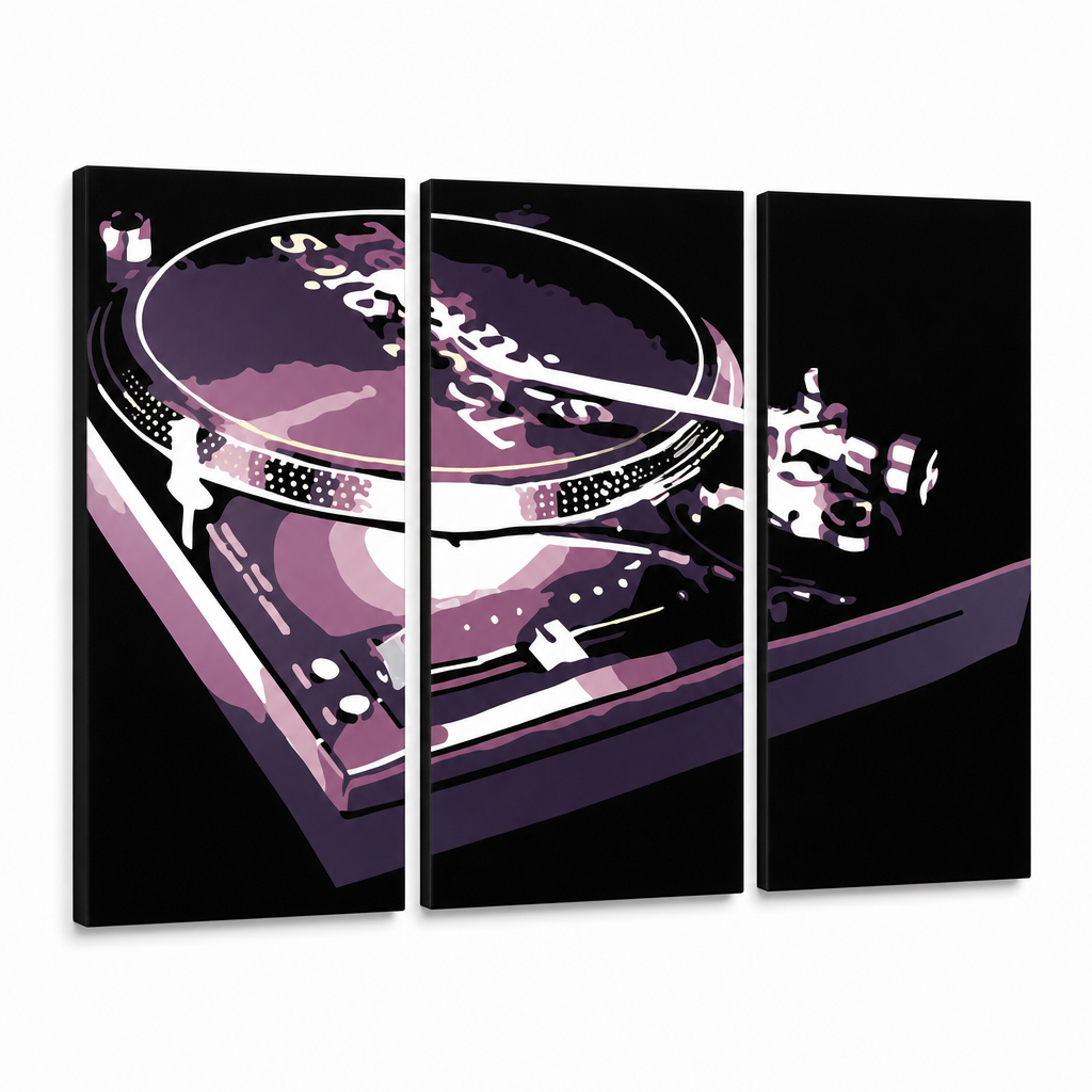 Ručno oslikana POP Art slika DJ 3 komada DJ – 3D vizualizacija ručno oslikanog platna na bijeloj pozadini. Dominantne boje: crna, ljubičasta, bijela.